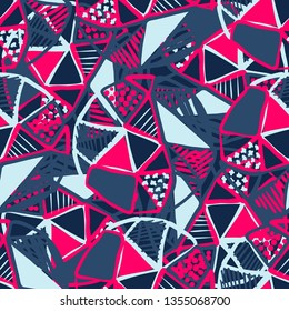 Abstract seamless vector pattern for girls, boys, clothes. Creative background with dots, geometric figures Funny wallpaper for textile and fabric. Fashion style. Colorful bright