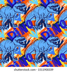 Abstract seamless vector pattern for girls, boys, clothes. Creative background with Jurassic period, dinosaur creative Funny wallpaper for textile and fabric. Fashion style. Colorful bright.