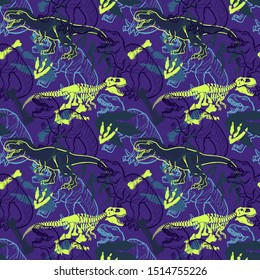 Abstract seamless vector pattern for girls, boys, clothes. Creative background with Jurassic period, dinosaur creative Funny wallpaper for textile and fabric. Fashion style. Colorful bright.
