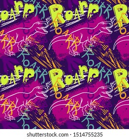 Abstract seamless vector pattern for girls, boys, clothes. Creative background with Jurassic period, dinosaur creative Funny wallpaper for textile and fabric. Fashion style. Colorful bright.