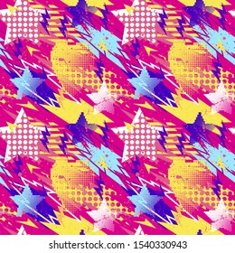 Abstract seamless vector pattern for girls, boys, clothes. Creative background with dots, geometric figures Funny wallpaper for textile and fabric. Fashion style. Colorful bright.