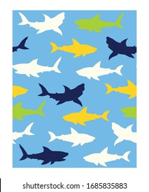 Abstract seamless vector pattern for girls, boys, clothes. Creative background with sharks. Funny wallpaper for textile and fabric. Fashion style. 