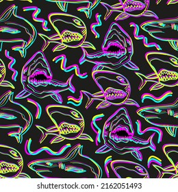 Abstract seamless vector pattern for girls, boys, clothes. Creative background with neon sharks. Funny wallpaper for textile and fabric. Fashion style. Colorful bright