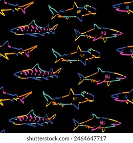 Abstract seamless vector pattern for girls, boys, clothes. Creative background with neon sharks. Funny wallpaper for textile and fabric. Fashion style. Colorful bright