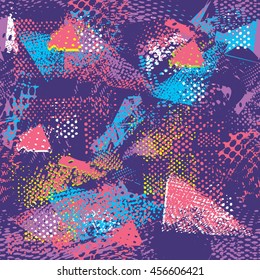 Abstract seamless vector pattern for girls, guys. Textured wallpaper in blue, purple, light pink and white colors with geometric shape elements. Grunge urban background for fashion, sport clothes. 