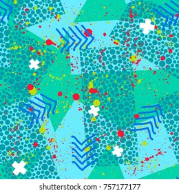 Abstract seamless vector pattern for girls, boys, clothes. Creative background with dots, geometric figures,stripes inscriptions. Funny wallpaper for textile and fabric. Fashion style. Colorful bright