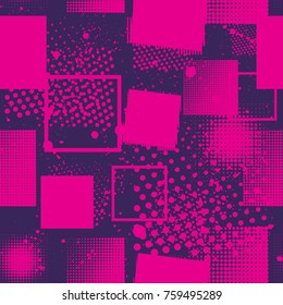 Abstract seamless vector pattern for girls, boys, clothes. Creative background with dots, geometric figures,stripes inscriptions. Funny wallpaper for textile and fabric. Fashion style. Colorful bright