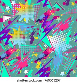 Abstract seamless vector pattern for girls, boys, clothes. Creative background with dots, geometric figures,stripes inscriptions. Funny wallpaper for textile and fabric. Fashion style. Colorful bright