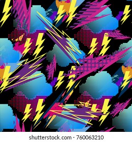 Abstract seamless vector pattern for girls, boys, clothes. Creative background with dots, geometric figures,stripes inscriptions. Funny wallpaper for textile and fabric. Fashion style. Colorful bright