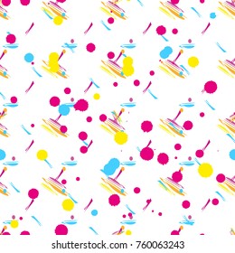 Abstract seamless vector pattern for girls, boys, clothes. Creative background with dots, geometric figures,stripes inscriptions. Funny wallpaper for textile and fabric. Fashion style. Colorful bright