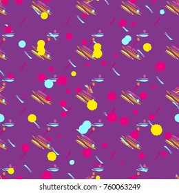 Abstract seamless vector pattern for girls, boys, clothes. Creative background with dots, geometric figures,stripes inscriptions. Funny wallpaper for textile and fabric. Fashion style. Colorful bright