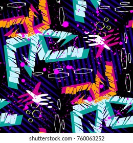 Abstract seamless vector pattern for girls, boys, clothes. Creative background with dots, geometric figures,stripes inscriptions. Funny wallpaper for textile and fabric. Fashion style. Colorful bright