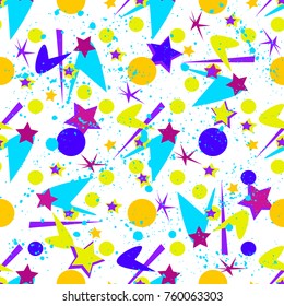 Abstract seamless vector pattern for girls, boys, clothes. Creative background with dots, geometric figures,stripes inscriptions. Funny wallpaper for textile and fabric. Fashion style. Colorful bright