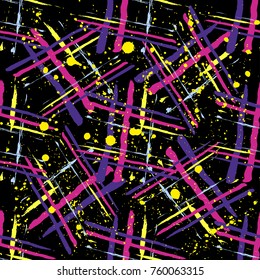 Abstract seamless vector pattern for girls, boys, clothes. Creative background with dots, geometric figures,stripes inscriptions. Funny wallpaper for textile and fabric. Fashion style. Colorful bright