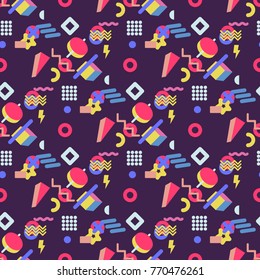 Abstract seamless vector pattern for girls, boys, clothes. Creative background with dots, geometric figures Funny wallpaper for textile and fabric. Fashion style. Colorful bright