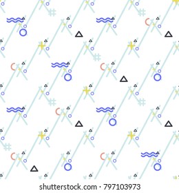 Abstract seamless vector pattern for girls, boys, clothes. Creative background with dots, geometric figures Funny wallpaper for textile and fabric. Fashion style. Colorful bright