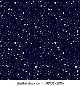 Abstract seamless vector pattern with gold glittering flying confetti on a dark blue background.