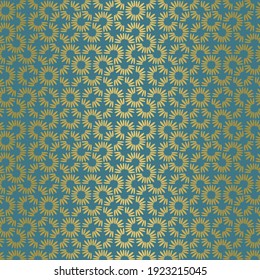 Abstract seamless vector pattern with gold daisy petals on blue background. Minimal concept great for summer home decor vintage fabric, scrapbooking, wallpaper, gift-wrap. Surface pattern design.