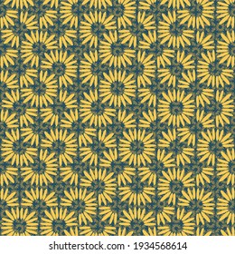 Abstract seamless vector pattern with gold and yellow daisy petals on blue background. Minimal concept great for summer vintage fabric, scrapbooking, wallpaper, gift-wrap. Surface pattern design.