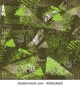 Abstract seamless vector pattern for guys. Textured wallpaper in military green colors with geometric shape dots elements. Grunge urban background for fashion, sport boys clothes. 