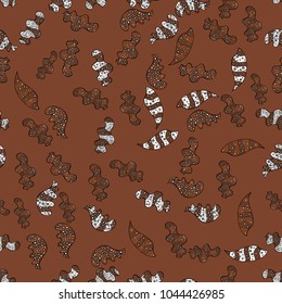 Abstract seamless vector pattern with hand drawn floral elements. Gentle, doodles on brown, black and white colors.