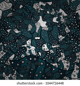 Abstract seamless vector pattern with hand drawn floral elements. Gentle, doodles on blue, black and white colors.