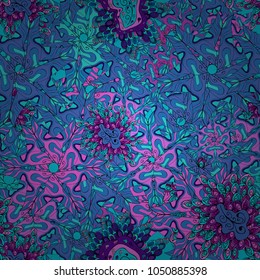 Abstract seamless vector pattern with hand drawn floral elements. Gentle, doodles on blue, violet and black colors.