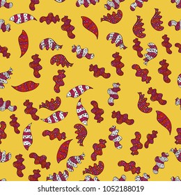 Abstract seamless vector pattern with hand drawn floral elements. Gentle, doodles on yellow, red and black colors.