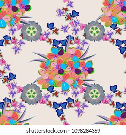 Abstract seamless vector pattern with hand drawn floral elements. Silk scarf with blooming flowers in violet and blue colors. Retro textile design collection. 1950s-1960s motifs. Autumn colors.