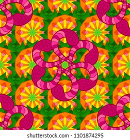 Abstract seamless vector pattern with hand drawn floral elements. Gentle, doodles on orange, black, white, gray and brown colors.