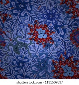 Abstract seamless vector pattern with hand drawn floral elements. Gentle, doodles on blue, neutral and black colors.