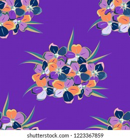 Abstract seamless vector pattern with hand drawn floral elements. Silk scarf with forget-me-not flowers in purple, violet and blue colors. Retro autumn textile design collection. 1950s-1960s motifs.