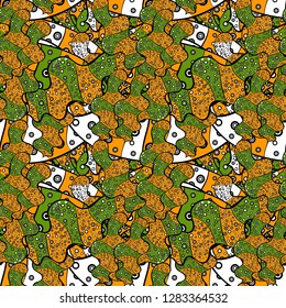 Abstract seamless vector pattern with hand drawn floral elements. Gentle, doodles on green, black and yellow colors.