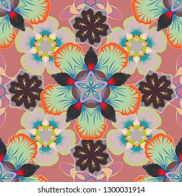Abstract seamless vector pattern with hand drawn floral elements. Autumn colors. Silk scarf with blooming flowers in brown, gray and pink colors. 1950s-1960s motifs. Retro textile design collection.