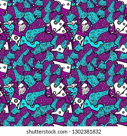 Abstract seamless vector pattern with hand drawn floral elements. Gentle, doodles on purple, black and blue colors.