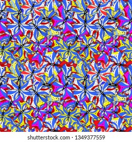 Abstract seamless vector pattern with hand drawn floral elements. Gentle, doodles on black, blue and white colors.