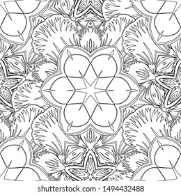 Abstract seamless vector pattern with hand drawn floral elements. 1950s-1960s motifs. Silk scarf with blooming flowers in white and black colors. Autumn colors. Retro textile design collection.