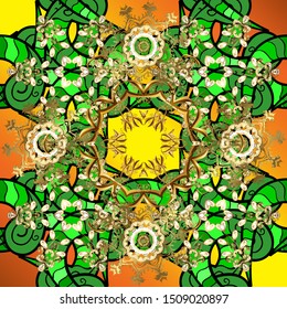 Abstract seamless vector pattern with hand drawn floral elements. Gentle, doodles on yellow, black and green colors.