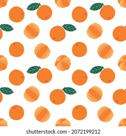 Abstract seamless vector pattern with hand drawn whole and peeled oranges. Fun tropical citrus texture. Fruity background for wrapping paper, card, gift, fabric, wallpaper, textile, print, fabric.