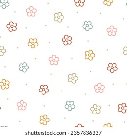 Abstract seamless vector pattern with hand drawn colorful outline flowers. Cute modern background for kids room decor, nursery art, apparel, gift, fabric, textile, wrapping paper, wallpaper, packaging