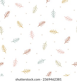 Abstract seamless vector pattern with hand drawn colorful fir tree twigs. Cute modern background for kids room decor, nursery art, apparel, gift, fabric, textile, wrapping paper, wallpaper, packaging.