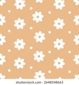 Abstract seamless vector pattern with hand drawn simple flowers and dots. Cute modern background for kids room decor, nursery art, apparel, gift, fabric, textile, wrapping paper, wallpaper, packaging