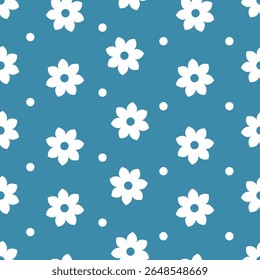 Abstract seamless vector pattern with hand drawn simple flowers and dots. Cute modern background for kids room decor, nursery art, apparel, gift, fabric, textile, wrapping paper, wallpaper, packaging