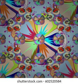 Abstract seamless vector pattern with hand drawn floral elements. Autumn colors. Retro textile design collection. Silk scarf with blooming flowers in blue and green colors. 1950s-1960s motifs.