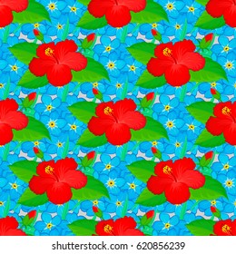 Abstract seamless vector pattern with hand drawn floral elements. Retro textile design collection. Silk scarf with hibiscus flowers on a gray background. Autumn colors. 1950s-1960s motifs.