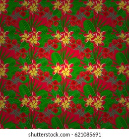 Abstract seamless vector pattern with hand drawn floral elements. 1950s-1960s motifs. Silk scarf with blooming flowers on a red background. Retro textile design collection. Autumn colors.