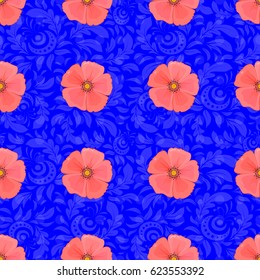 Abstract seamless vector pattern with hand drawn floral elements. Silk scarf with cosmos flowers on a blue background. Retro textile design collection. 1950s-1960s motifs. Autumn colors.