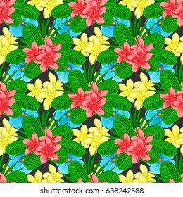 Abstract seamless vector pattern with hand drawn floral elements. 1950s-1960s motifs. Retro textile design collection. Autumn colors. Silk scarf with plumeria flowers on a gray background.