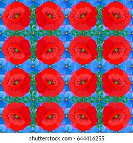 Abstract seamless vector pattern with hand drawn floral elements. 1950s-1960s motifs. Autumn colors. Silk scarf with poppy flowers on a violet background. Retro textile design collection.