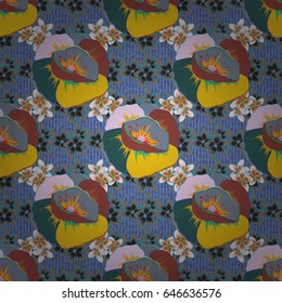 Abstract seamless vector pattern with hand drawn floral elements. Silk scarf with blooming flowers in blue, green and yellow colors. Retro textile design collection. 1950s-1960s motifs. Autumn colors.